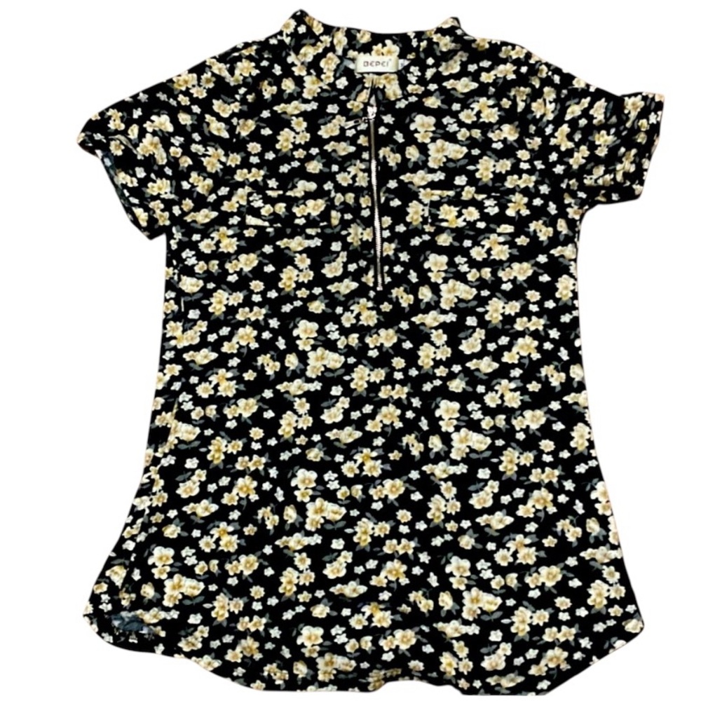 Bepei Floral Top Zip Neck Black Cream Medium